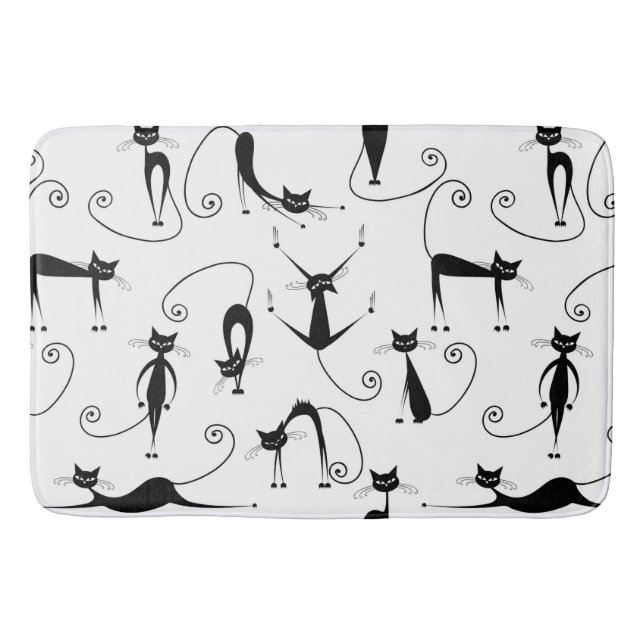 Whimsical Skinny Black Cat Pattern Bath Mat (Front)