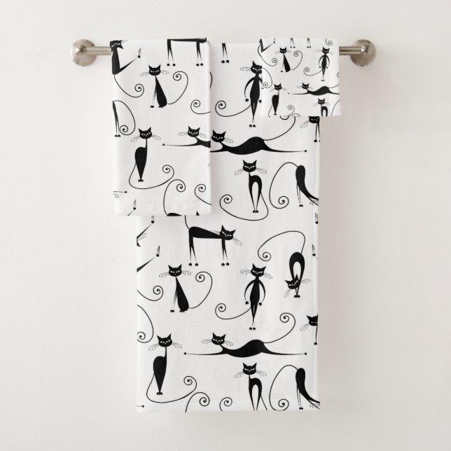 Whimsical Skinny Black Cat Pattern Bath Towel Set (Insitu)