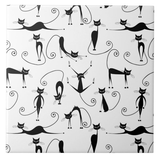 Whimsical Skinny Black Cat Pattern Ceramic Tile (Front)