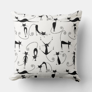 Whimsical Skinny Black Cat Pattern Cushion