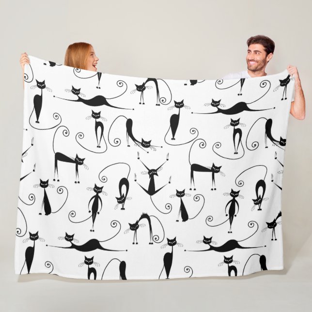 Whimsical Skinny Black Cat Pattern Fleece Blanket (In Situ)