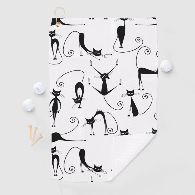 Whimsical Skinny Black Cat Pattern Golf Towel (InSitu)