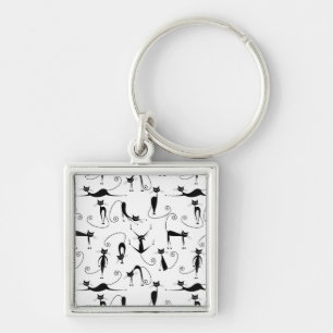 Whimsical Skinny Black Cat Pattern Key Ring