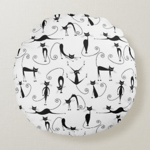 Whimsical Skinny Black Cat Pattern Round Cushion
