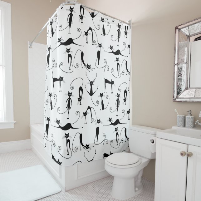 Whimsical Skinny Black Cat Pattern Shower Curtain (In Situ)