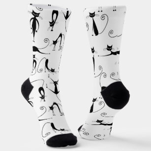 Whimsical Skinny Black Cat Pattern Socks
