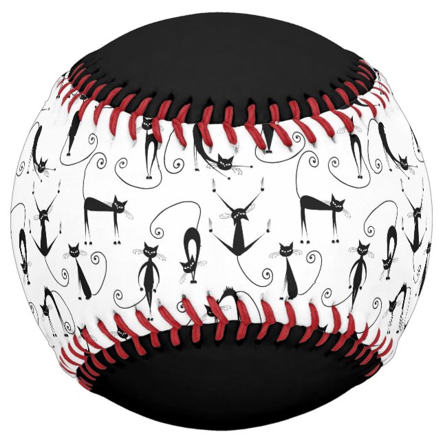 Whimsical Skinny Black Cat Pattern Softball (Front)