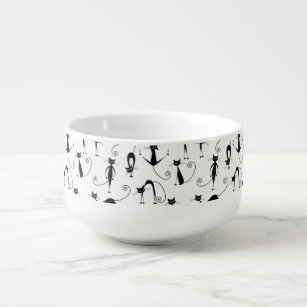 Whimsical Skinny Black Cat Pattern Soup Mug