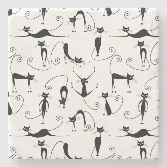 Whimsical Skinny Black Cat Pattern Stone Coaster (Front)