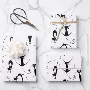 Whimsical Skinny Black Cat Pattern Wrapping Paper Sheet
