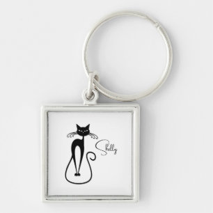 Whimsical Skinny Black Cat Personal Key Ring