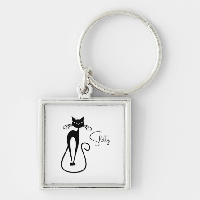 Whimsical Skinny Black Cat Personal Key Ring (Front)