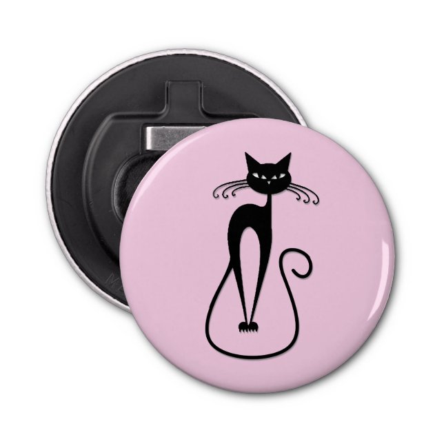 Whimsical Skinny Black Cat Pink Bottle Opener (Front)