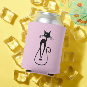 Whimsical Skinny Black Cat Pink Can Cooler