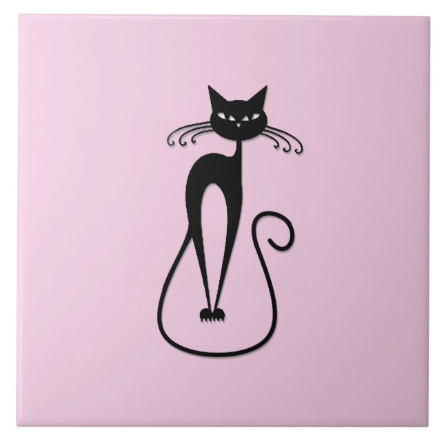 Whimsical Skinny Black Cat Pink Ceramic Tile (Front)