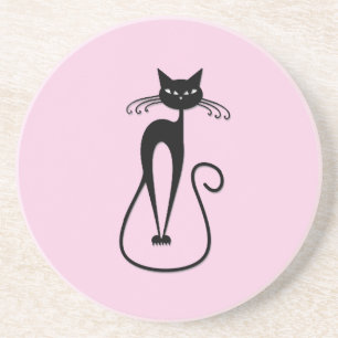 Whimsical Skinny Black Cat Pink Coaster