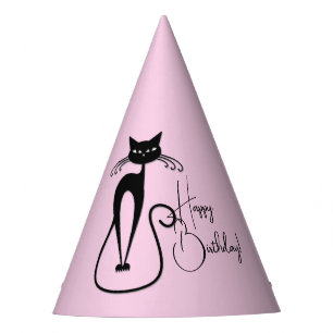 Whimsical Skinny Black Cat Pink Happy Birthday Party Hat