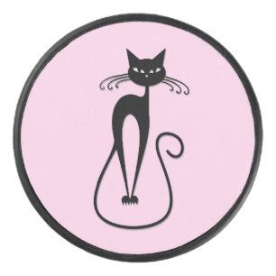 Whimsical Skinny Black Cat Pink Hockey Puck