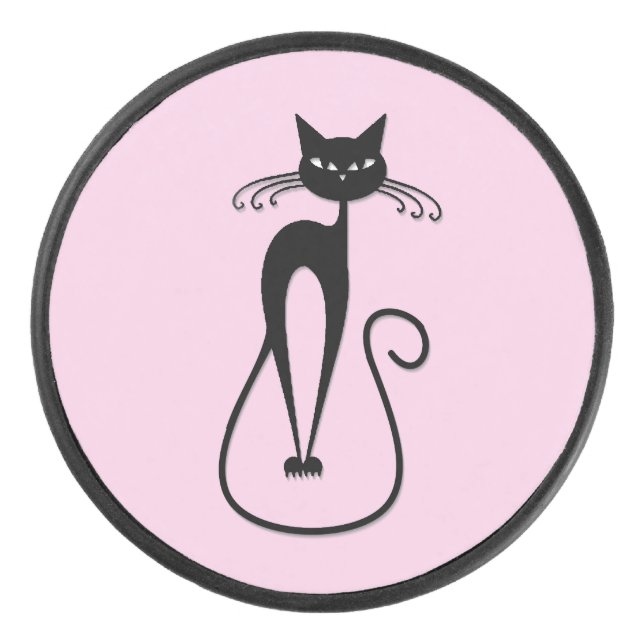 Whimsical Skinny Black Cat Pink Hockey Puck (Front)