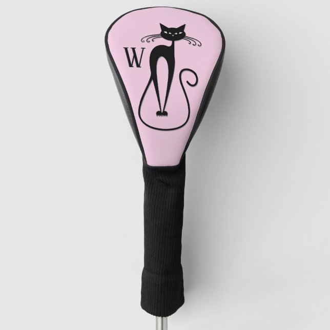 Whimsical Skinny Black Cat Pink Initial Golf Head Cover (Front)