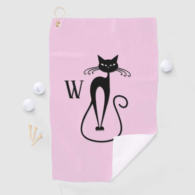 Whimsical Skinny Black Cat Pink Initial Golf Towel (InSitu)