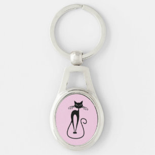 Whimsical Skinny Black Cat Pink Key Ring