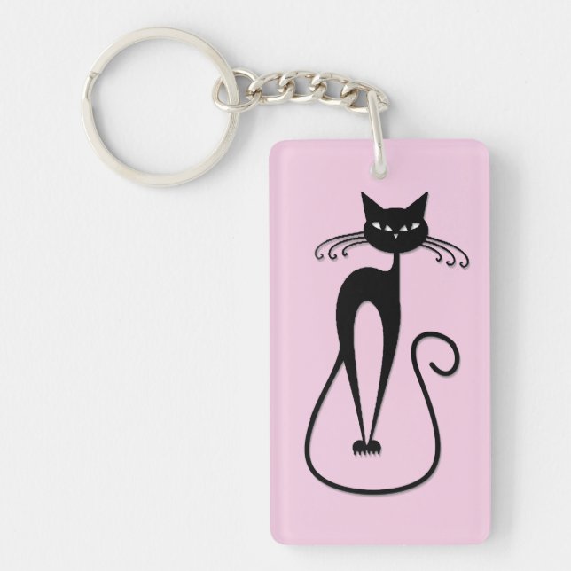 Whimsical Skinny Black Cat Pink Key Ring (Front)