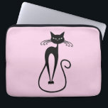 Whimsical Skinny Black Cat Pink Laptop Sleeve<br><div class="desc">A pretentious black cat</div>