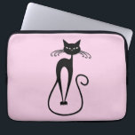 Whimsical Skinny Black Cat Pink Laptop Sleeve<br><div class="desc">A pretentious black cat</div>