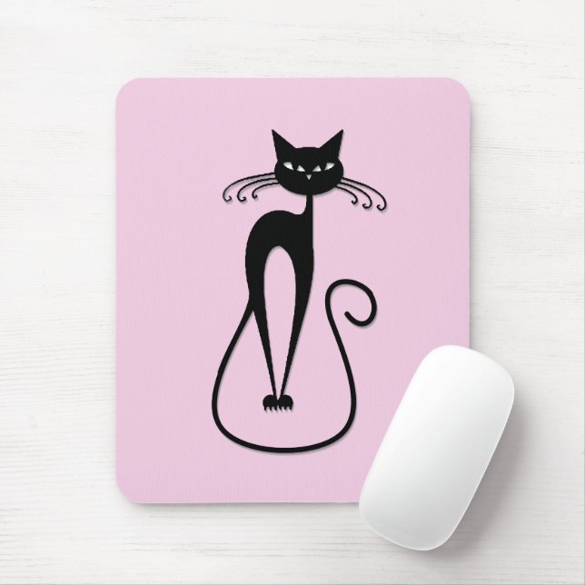 Whimsical Skinny Black Cat Pink Mouse Pad (With Mouse)