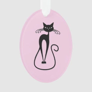 Whimsical Skinny Black Cat Pink Ornament