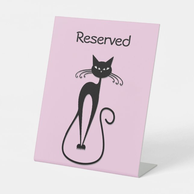 Whimsical Skinny Black Cat Pink Pedestal Sign (Front)