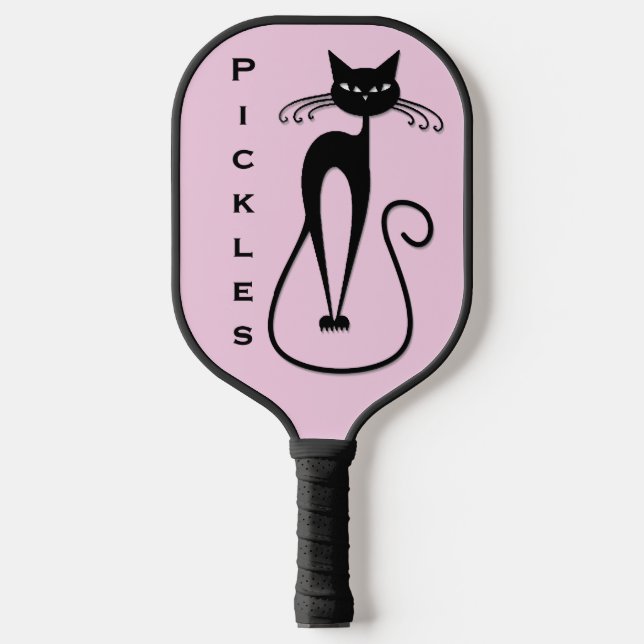 Whimsical Skinny Black Cat Pink Personal Pickleball Paddle (Front)
