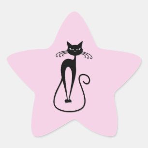 Whimsical Skinny Black Cat Pink Star Sticker