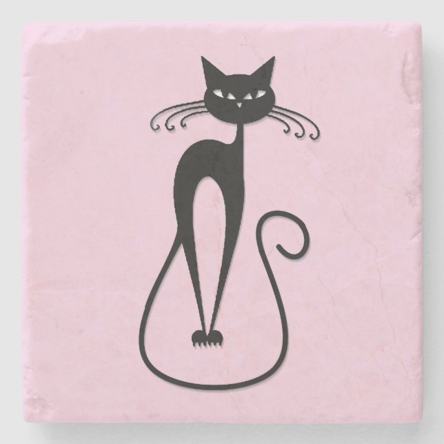 Whimsical Skinny Black Cat Pink Stone Coaster (Front)