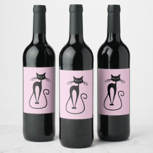 Whimsical Skinny Black Cat Pink Wine Label
