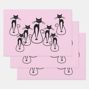 Whimsical Skinny Black Cat Pink Wrapping Paper Sheet