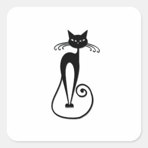Whimsical Skinny Black Cat Square Sticker
