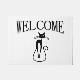 Whimsical Skinny Black Cat Welcome Doormat