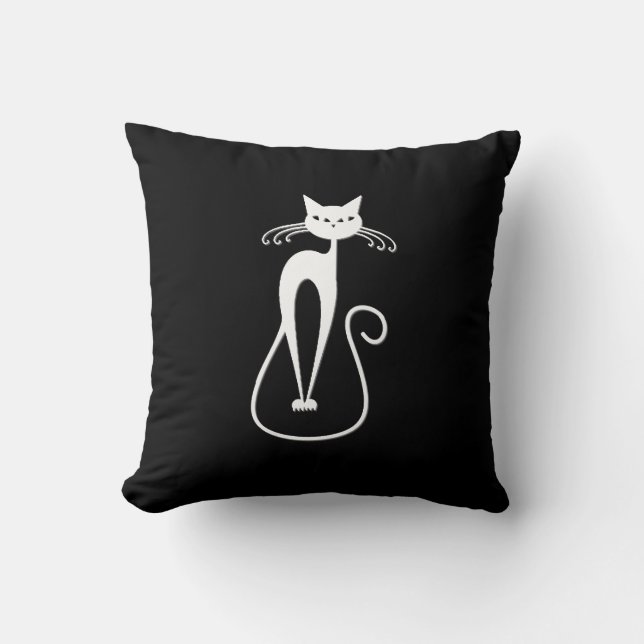 Whimsical Skinny White Cat Black Solid Side Cushion (Front)