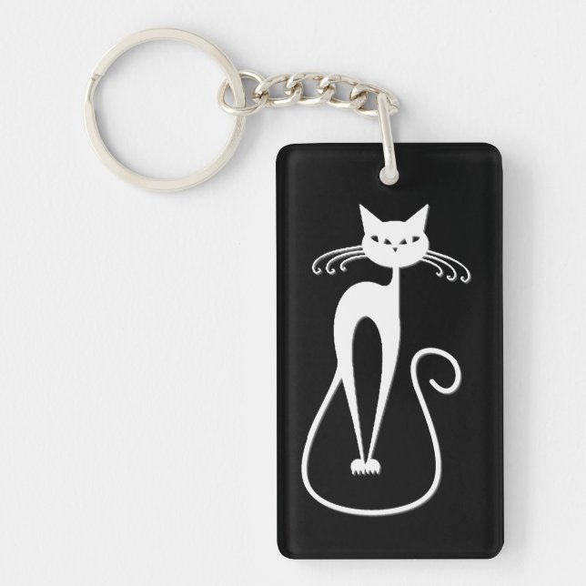 Whimsical Skinny White Cat Key Ring (Front)