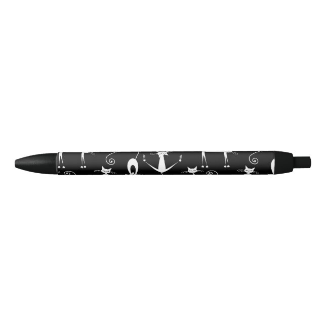 Whimsical Skinny white Cat Pattern Black Ink Pen (Front)