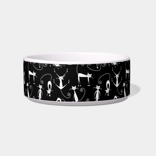 Whimsical Skinny white Cat Pattern Bowl (Front)