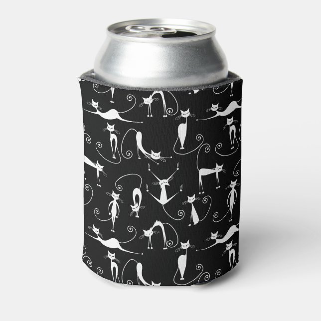 Whimsical Skinny white Cat Pattern Can Cooler (Can Back)