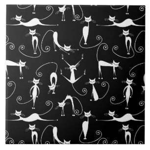 Whimsical Skinny white Cat Pattern Ceramic Tile