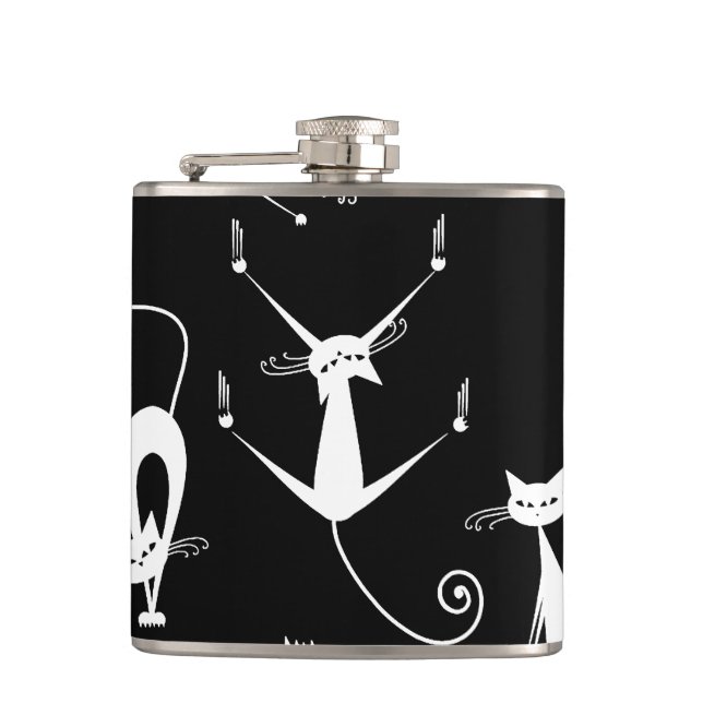 Whimsical Skinny white Cat Pattern Hip Flask (Front)