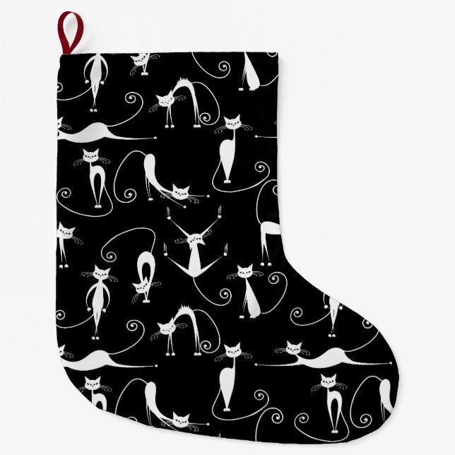 Whimsical Skinny white Cat Pattern Large Christmas Stocking (Front)