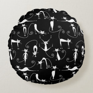 Whimsical Skinny white Cat Pattern Round Cushion
