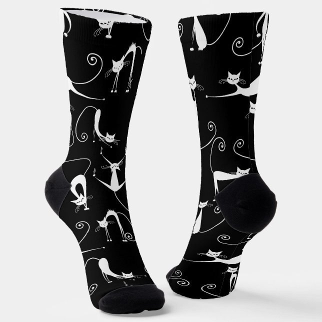 Whimsical Skinny white Cat Pattern Socks (Angled)