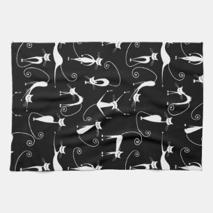 Whimsical Skinny white Cat Pattern Tea Towel
